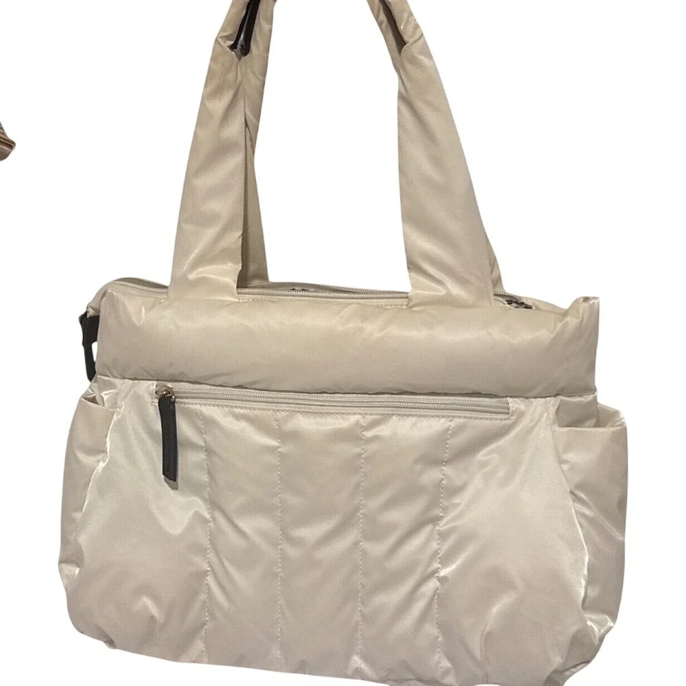 Sondra Roberts Squared Cream Puffer Tote Bag Leopard Lining Travel Sporty Chic